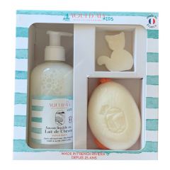 Coffret Enfant - Lait de Chèvre & Beurre de Karité Savon liquide, Savon Solide & Savon Chat 